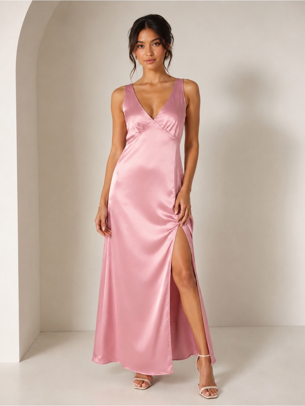 Pink Satin Maxi XS Dress  V-Neck Slip Dress with Side Slit Wedding Guest Formal